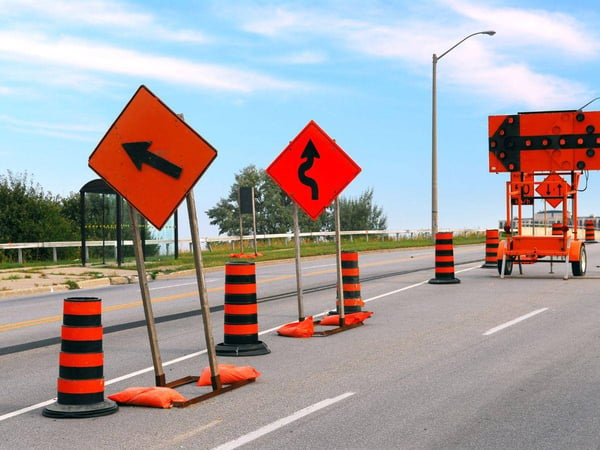 Construction Road Signs on a Main Road